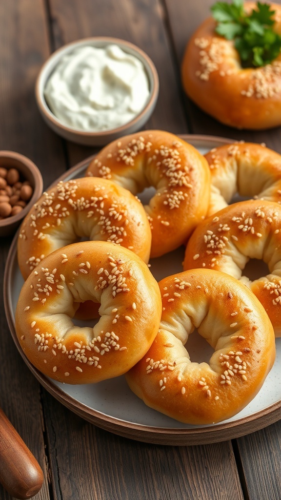 Low-Carb Cloud Bread Bagels Recipe Fluffy cloud bread bagels topped with sesame seeds on a plate, with cream cheese on the side.